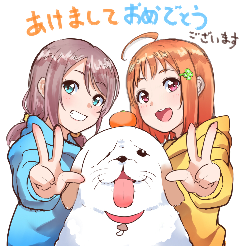 2girls :d ;p ahoge akeome alternate_hairstyle animal bangs blue_eyes blue_hoodie collar dog food food_on_head fruit fruit_on_head grey_hair grin happy_new_year hood hood_down kanabun long_sleeves looking_at_viewer love_live! love_live!_sunshine!! mandarin_orange medium_hair multiple_girls mushroom new_year object_on_head one_eye_closed open_mouth orange_hair red_eyes shiitake_(love_live!_sunshine!!) short_hair simple_background smile takami_chika tongue tongue_out translated twintails upper_body w watanabe_you white_background yellow_hoodie