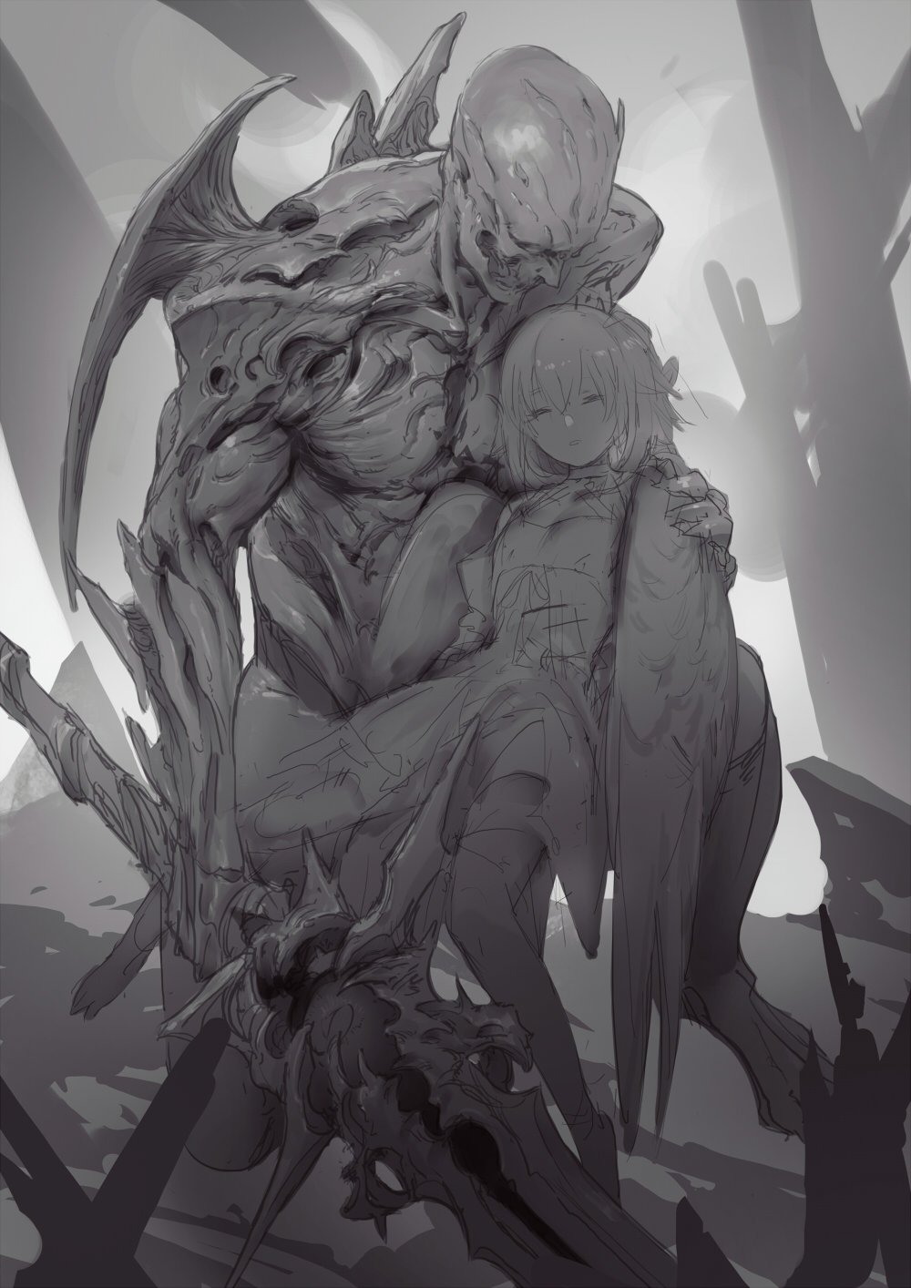 1girl closed_eyes greyscale hair_between_eyes highres hit-kun holding holding_weapon injury kneeling looking_at_another monochrome monster original parted_lips scratches short_hair sketch sword torn_clothes weapon