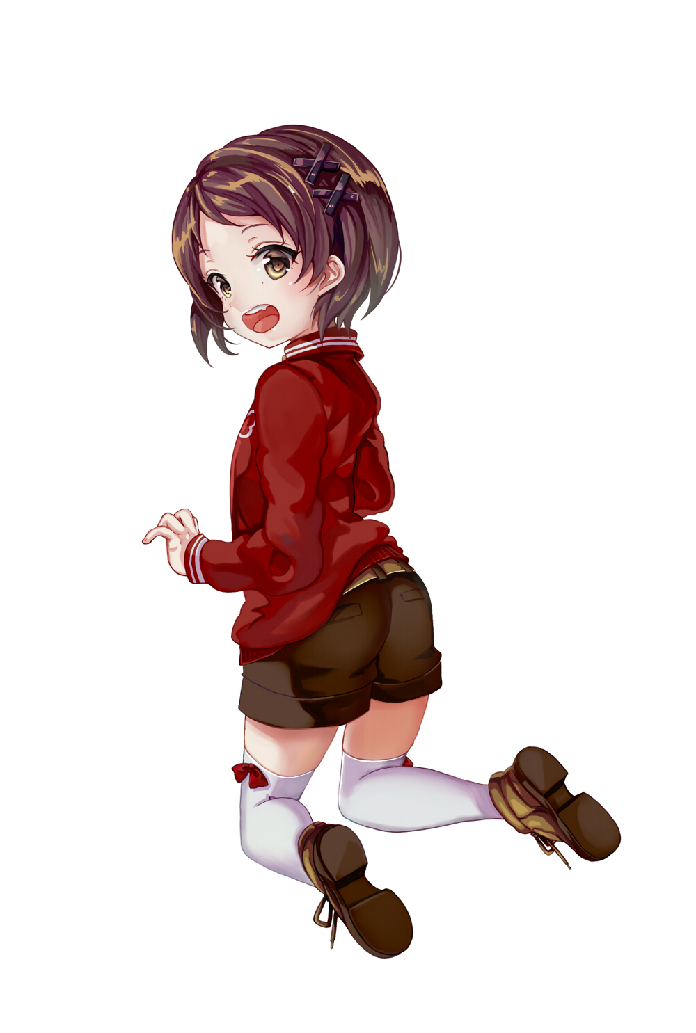 1girl ass bangs belt blush boots bow brown_belt brown_eyes brown_footwear brown_hair brown_shorts full_body highres jacket kneeling long_sleeves looking_at_viewer looking_back mizukoshi_mio open_mouth pisuke red_bow red_jacket ryuuou_no_oshigoto! shoe_soles short_shorts shorts simple_background solo thigh-highs thighhighs_under_boots white_background white_legwear