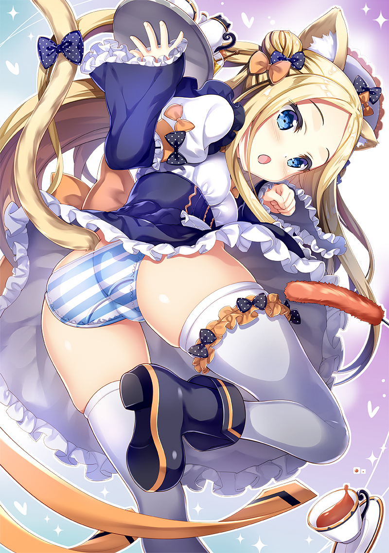 1girl abigail_williams_(fate/grand_order) alternate_costume animal_ears apron ass bangs black_bow black_dress black_footwear blonde_hair blue_eyes blue_panties blush boots bow breasts cat_ears cat_tail cup double_bun dress enmaided fate/grand_order fate_(series) forehead frills fujima_takuya gradient gradient_background hair_bow hair_bun heart juliet_sleeves kettle long_hair long_sleeves looking_at_viewer looking_back maid maid_headdress open_mouth orange_bow orange_ribbon panties parted_bangs polka_dot polka_dot_bow puffy_sleeves ribbon small_breasts solo striped striped_panties tail teacup thigh-highs thighs tray underwear upskirt white_legwear wide_sleeves