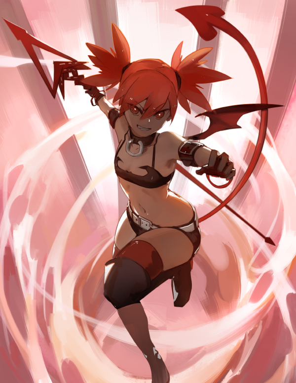 1girl 3four bat_wings choker commentary demon_girl demon_tail demon_wings disgaea elbow_gloves etna flat_chest gloves makai_senki_disgaea mini_wings navel polearm red_eyes red_wings redhead short_shorts shorts smile solo spear tail thigh-highs twintails weapon wings