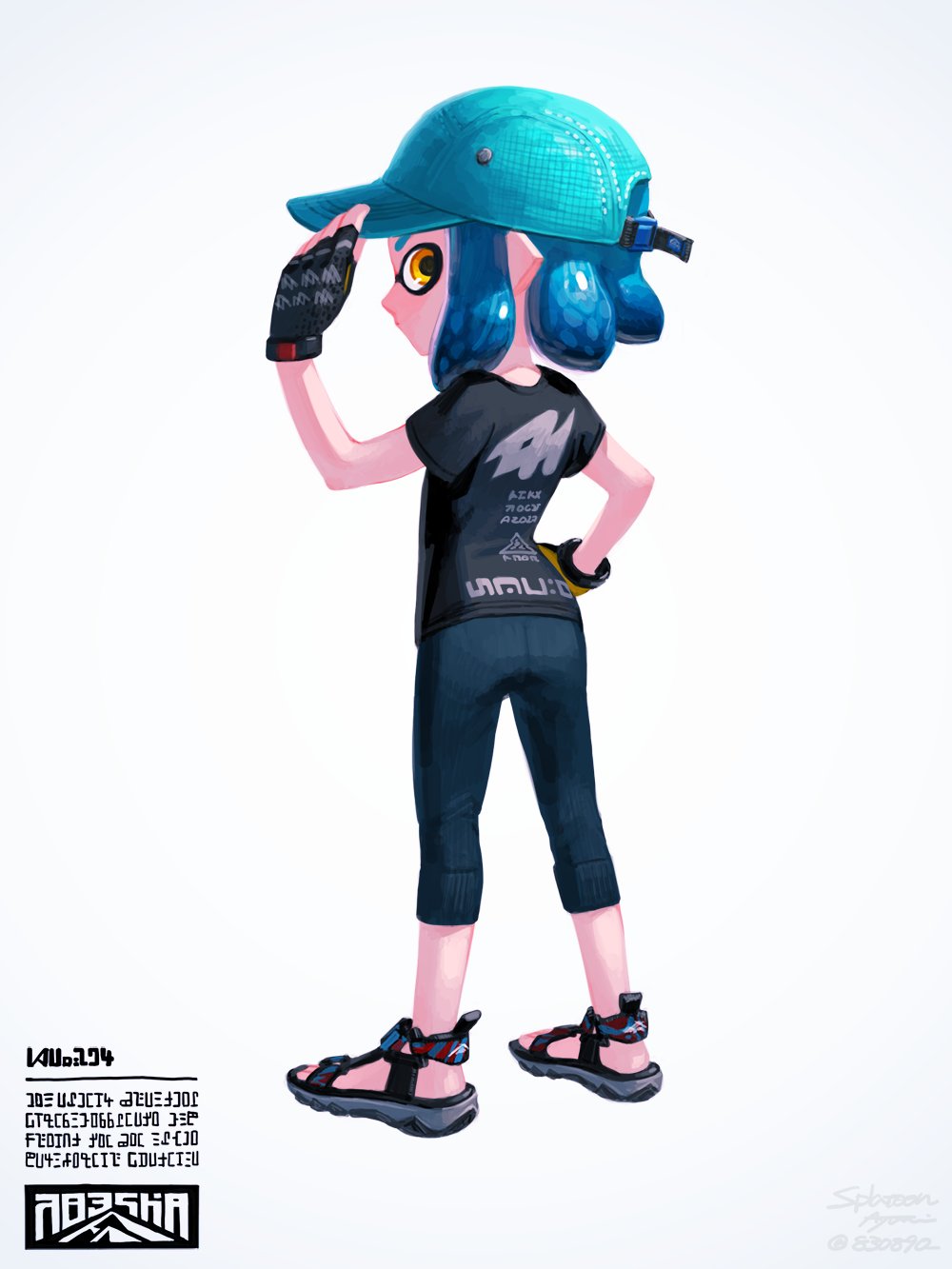 1girl adjusting_clothes adjusting_hat ayumi_(830890) baseball_cap black_gloves black_shirt blue_hair blue_hat blue_pants copyright_name domino_mask fingerless_gloves full_body gloves hand_on_hip hat highres inkling inkling_(language) legs_apart mask pants pointy_ears sandals shirt short_hair short_sleeves signature simple_background solo splatoon splatoon_(series) splatoon_2 standing t-shirt tentacle_hair twitter_username white_background yellow_eyes