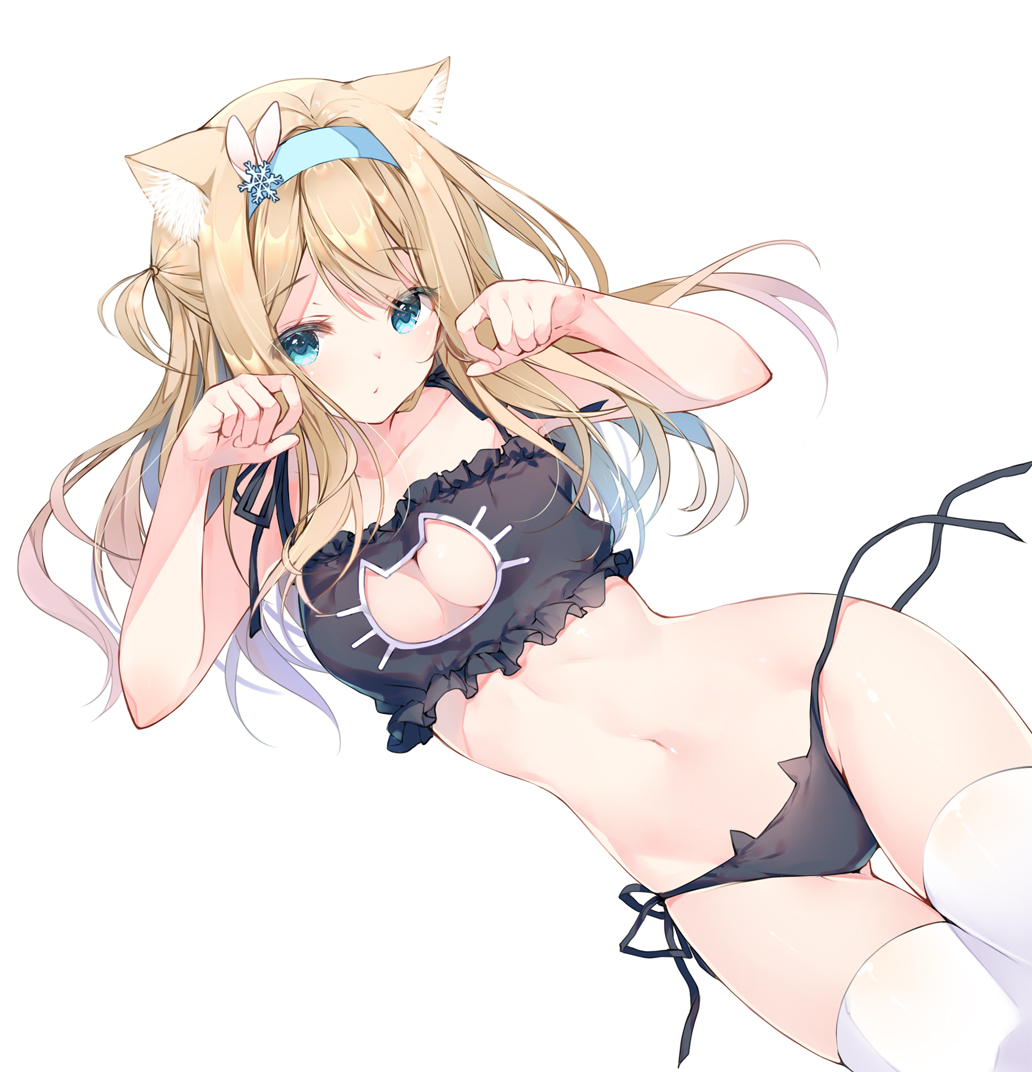 1girl animal_ear_fluff animal_ears bare_arms bare_shoulders black_bra black_panties blue_eyes bra breasts brown_hair bunny_hair_ornament cat_day cat_ear_panties cat_ears cat_lingerie cleavage closed_mouth collarbone commentary_request cowboy_shot frilled_bra frills girls_frontline gluteal_fold hair_intakes hair_ornament hairband kemonomimi_mode long_hair looking_at_viewer meme_attire miwabe_sakura navel one_side_up panties paw_pose side-tie_panties simple_background small_breasts snowflake_hair_ornament solo stomach suomi_kp31_(girls_frontline) thigh-highs underwear untied untied_panties white_background white_legwear