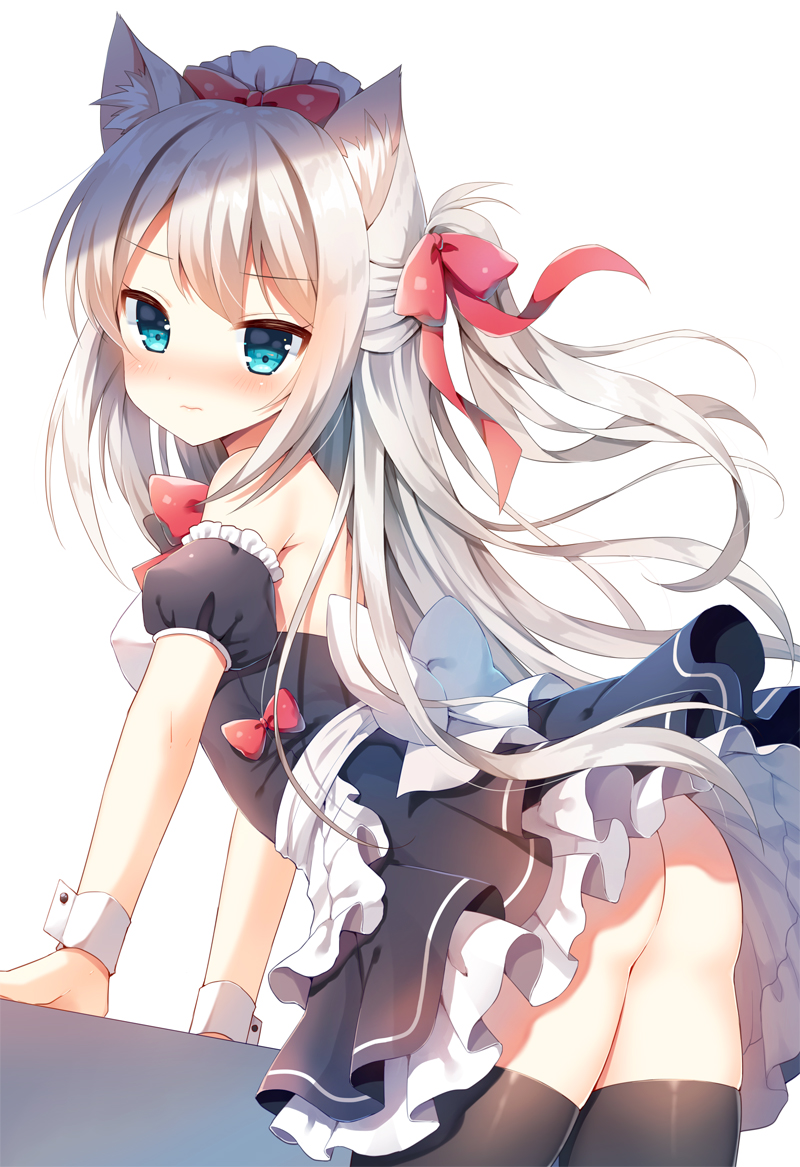 1girl animal_ear_fluff animal_ears apron arm_support ass azur_lane back_bow bangs black_dress black_legwear black_sleeves blush bow breasts cat_ears closed_mouth commentary_request detached_sleeves dress eyebrows_visible_through_hair frilled_apron frills green_eyes hair_bow hammann_(azur_lane) long_hair looking_at_viewer looking_to_the_side mauve nose_blush one_side_up puffy_short_sleeves puffy_sleeves red_bow short_sleeves silver_hair simple_background small_breasts solo thigh-highs very_long_hair waist_apron wavy_mouth white_apron white_background white_bow wrist_cuffs