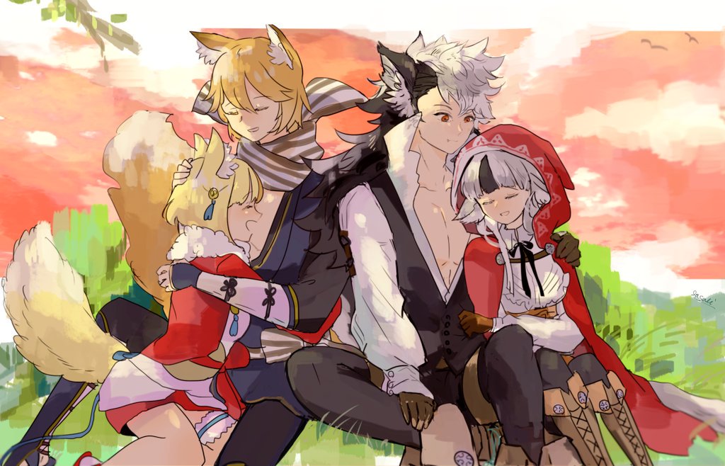 2boys 2girls animal_ears black_hair blonde_hair brown_hair closed_eyes closed_mouth father_and_daughter fire_emblem fire_emblem_if flannel_(fire_emblem_if) fox_ears fox_tail from_side fur_trim gloves grass grey_hair hood hood_up hug japanese_clothes kinu_(fire_emblem_if) long_hair long_sleeves multicolored_hair multiple_boys multiple_girls nintendo nishiki_(fire_emblem_if) open_mouth pants parted_lips red_eyes sasaki_(dkenpisss) scarf short_hair signature sitting streaked_hair tail velour_(fire_emblem_if) wolf_ears