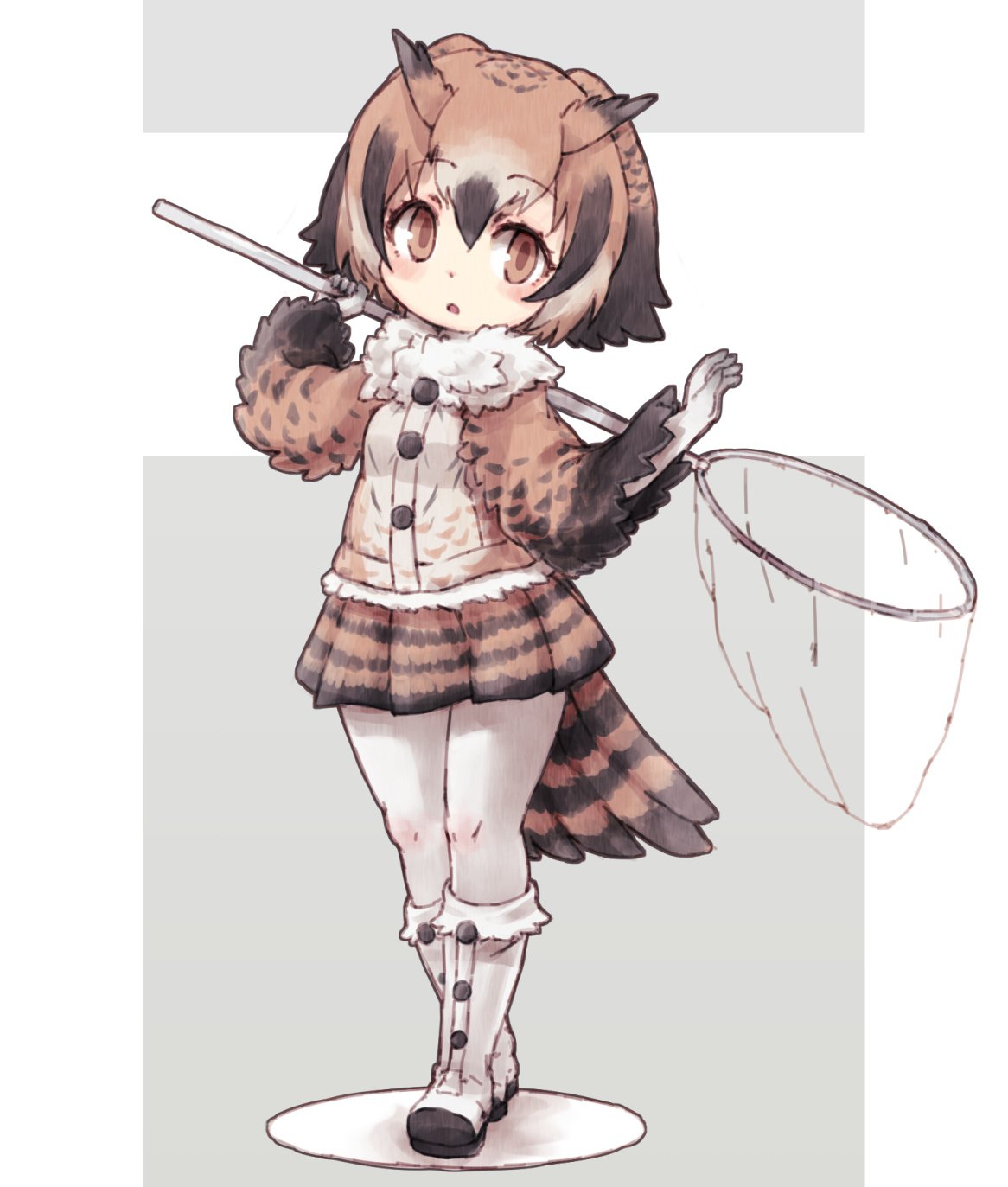 1girl adapted_costume bird_tail bird_wings black_hair blush boots brown_eyes brown_hair butterfly_net coat commentary_request elbow_gloves eurasian_eagle_owl_(kemono_friends) eyebrows_visible_through_hair feather-trimmed_sleeves full_body fur_collar gloves hand_net head_wings highres kemono_friends kolshica long_sleeves multicolored_hair owl_ears pantyhose pleated_skirt short_hair skirt solo white_hair wings