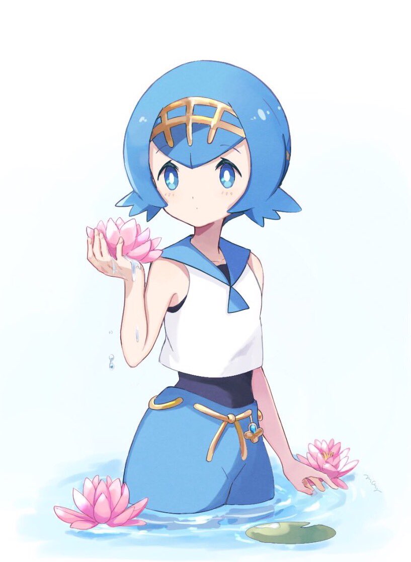 1girl blue_eyes blue_hair creatures_(company) flower game_freak hairband holding holding_flower lily_pad mei_(maysroom) nintendo pokemon pokemon_(game) pokemon_sm shirt short_hair simple_background sleeveless sleeveless_shirt solo suiren_(pokemon) swimsuit swimsuit_under_clothes trial_captain wading water white_background white_shirt