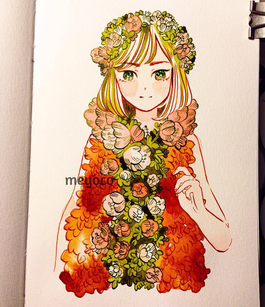 1girl artist_name bangs binder_clip cropped_torso eyebrows_visible_through_hair flower green_eyes green_hair hand_up highres leaf looking_at_viewer meyoco original photo pink_flower sleeveless solo traditional_media upper_body