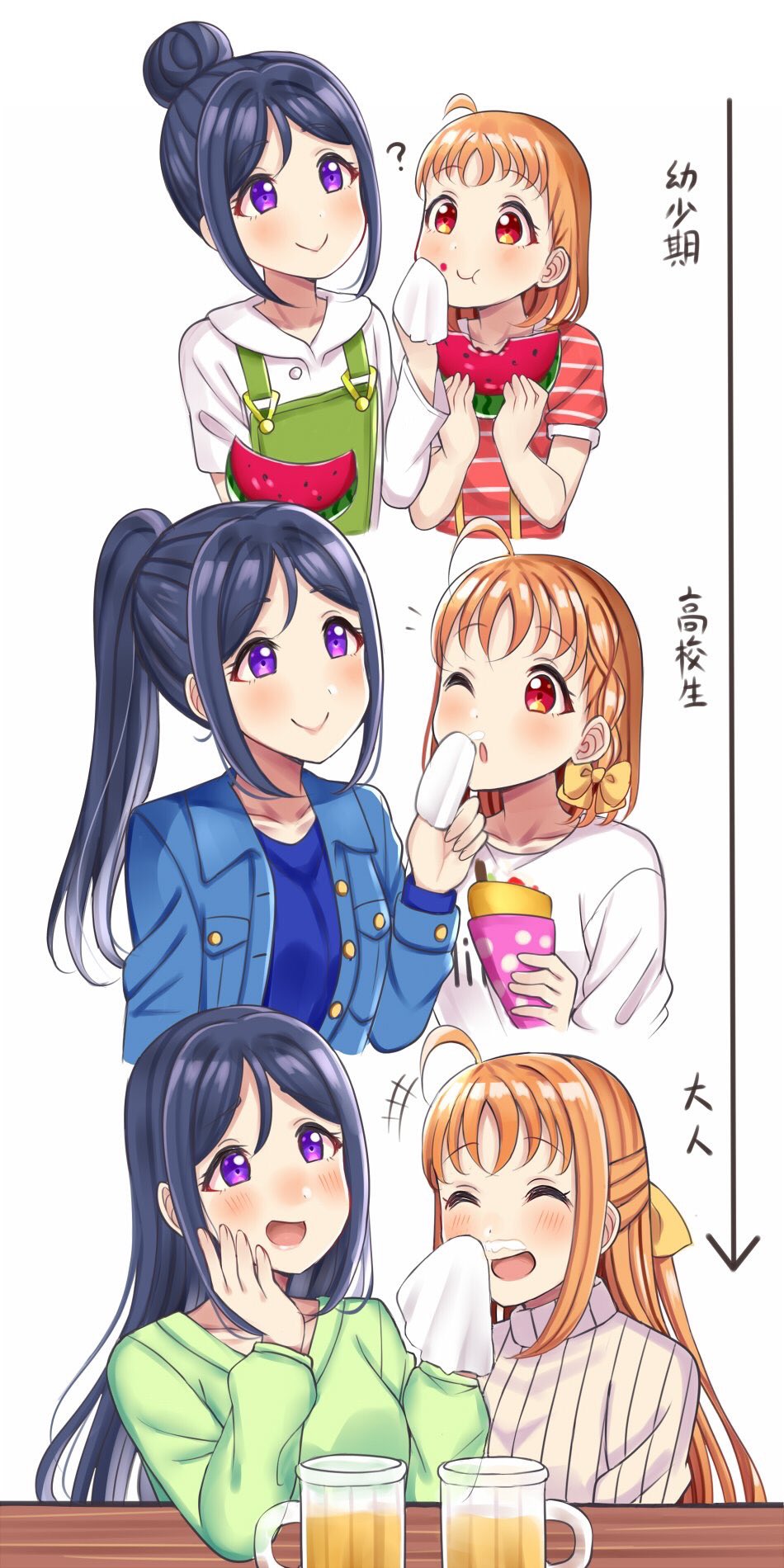 2girls age_progression alcohol alternate_hairstyle beer beer_mug blue_hair highres long_hair love_live! love_live!_sunshine!! matsuura_kanan mizukoshi_(marumi) multiple_girls older orange_hair ponytail takami_chika translated wiping_mouth younger