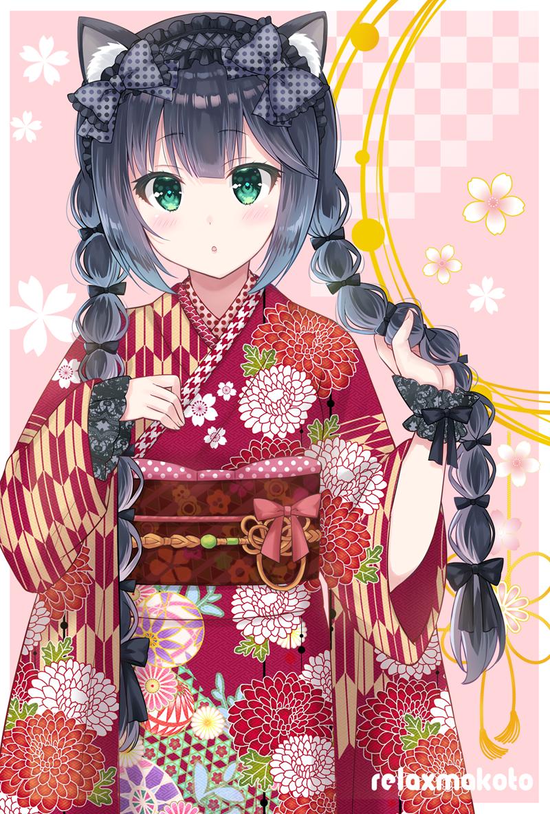 1girl :o animal_ears artist_name bangs black_bow black_hair black_hairband blush bow braid cat_day cat_ears floral_background floral_print green_eyes hair_bow hairband hand_on_own_chest holding holding_hair japanese_clothes kimono kuu-chan_(sakurai_makoto_(custom_size)) lolita_hairband long_hair long_sleeves looking_at_viewer obi original pink_background pink_bow polka_dot polka_dot_bow red_kimono sakurai_makoto_(custom_size) sash sidelocks solo twin_braids wide_sleeves wrist_cuffs