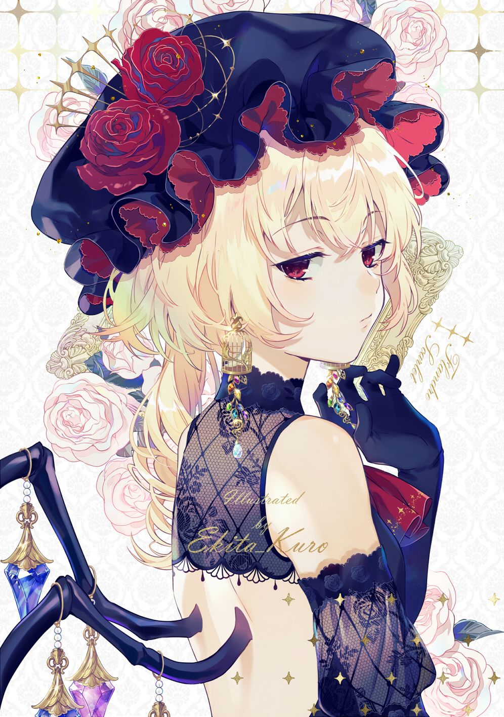 1girl artist_name ascot back_cutout bangs bare_shoulders birdcage black_gloves black_hat blonde_hair breasts cage character_name commentary_request crystal detached_sleeves earrings ekita_xuan eyebrows_visible_through_hair fishnets flandre_scarlet flower gloves hair_between_eyes hand_up hat hat_flower highres jewelry looking_at_viewer mob_cap one_side_up pink_flower pink_rose red_eyes red_flower red_neckwear red_rose rose small_breasts solo touhou upper_body white_background wings