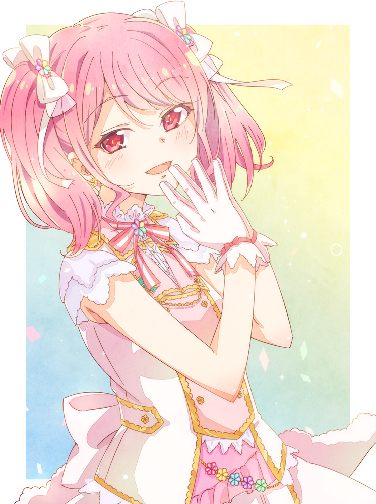 1girl :d back_bow bang_dream! bangs bow confetti dress e20 earrings flower_earrings gloves hair_ribbon hands_together jewelry looking_at_viewer maruyama_aya neck_ribbon open_mouth pink_eyes pink_hair pink_neckwear ribbon smile solo striped striped_neckwear twintails upper_body white_bow white_gloves white_ribbon