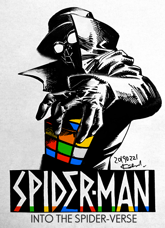1boy copyright_name dated fedora goggles hat kotteri male_focus rubik's_cube solo spider-man:_into_the_spider-verse spider-man_(series) spider-man_noir spot_color traditional_media trench_coat