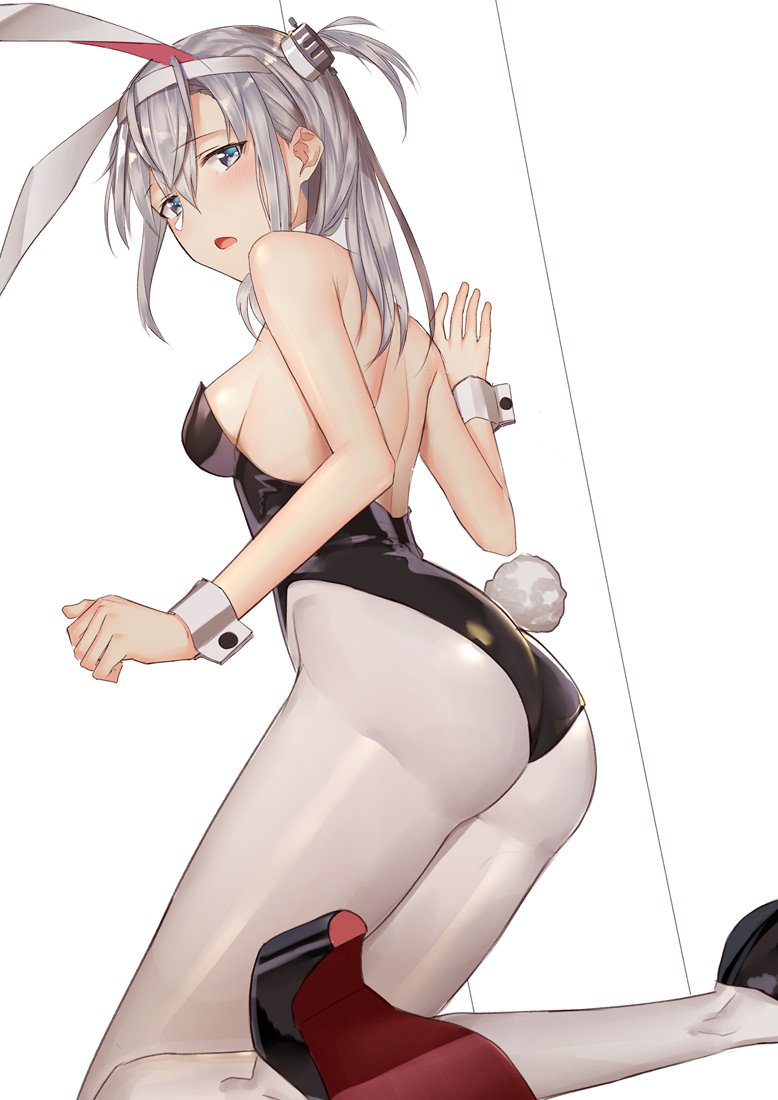 1girl animal_ears blush breasts bunny_girl bunny_tail bunnysuit detached_collar eyebrows_visible_through_hair fake_animal_ears hair_between_eyes kantai_collection long_hair one_side_up open_mouth pallad pantyhose rabbit_ears silver_hair simple_background small_breasts suzutsuki_(kantai_collection) tail twitter_username white_background
