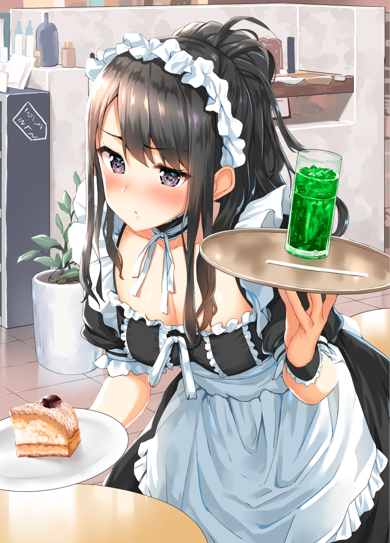 1girl alternate_costume apron black_choker black_dress black_hair blush body_mahattaya_ginga breasts cake choker cleavage closed_mouth collarbone commentary_request cup dress drink drinking_glass drinking_straw enmaided food frilled_apron frills frown holding holding_plate holding_tray idolmaster idolmaster_shiny_colors indoors kazano_hiori leaning_forward long_hair looking_at_viewer maid maid_apron maid_headdress medium_breasts plant plate ponytail potted_plant ribbon sidelocks slice_of_cake solo table tile_floor tiles tray violet_eyes white_apron white_ribbon wrist_cuffs