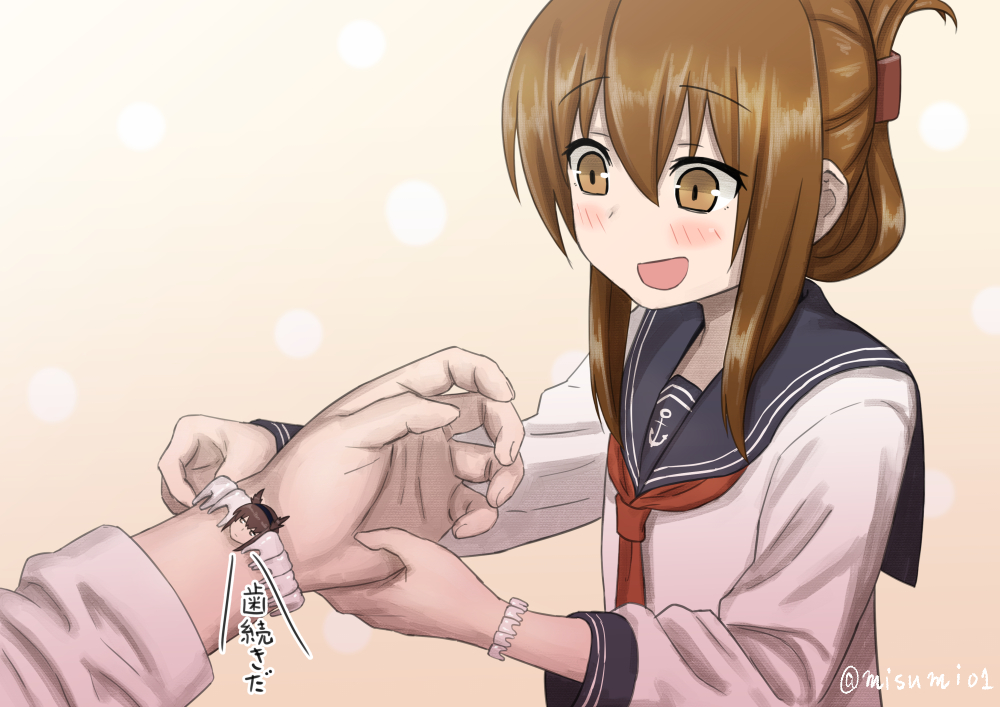 1girl anchor_symbol bracelet brown_eyes brown_hair commentary_request folded_ponytail hatsuzuki_(kantai_collection) inazuma_(kantai_collection) jewelry kantai_collection misumi_(niku-kyu) neckerchief open_mouth school_uniform serafuku sidelocks smile teeth twitter_username