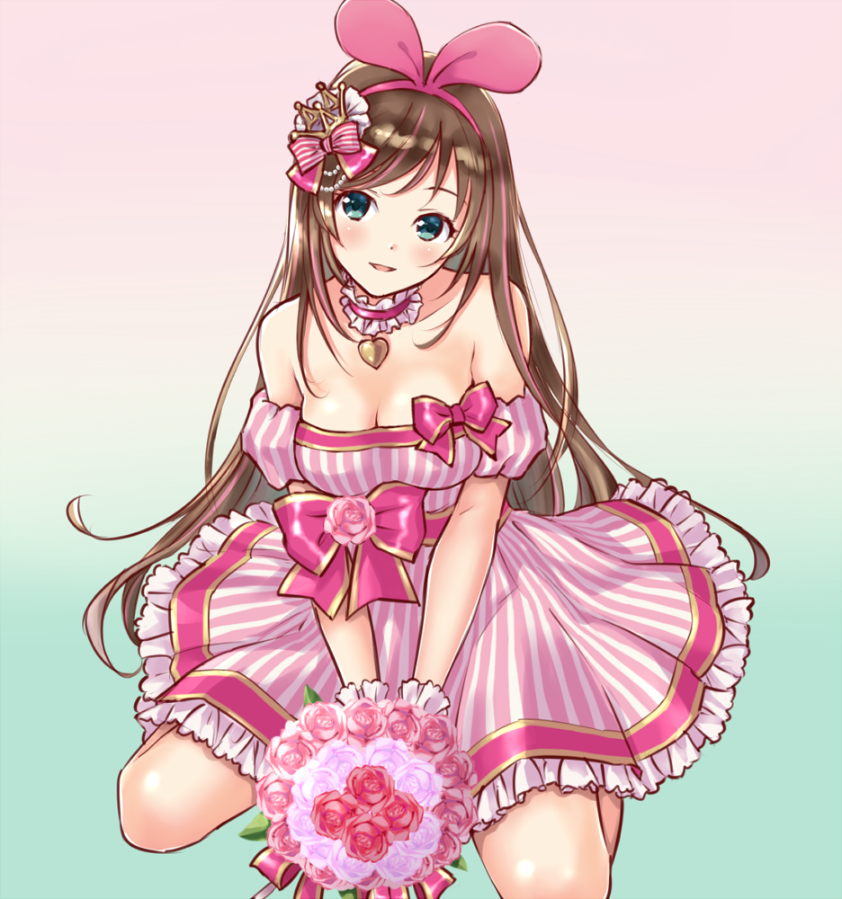 1girl a.i._channel alternate_costume aqua_background bangs bare_shoulders blue_background blue_eyes blush bouquet bow breasts brown_hair choker cleavage crown detached_sleeves dress flower frilled_choker frills gradient gradient_background hair_ornament hairband head_tilt heart_pendant holding holding_bouquet jewelry kizuna_ai long_hair looking_at_viewer medium_breasts mini_crown parted_lips pendant pink_background pink_dress pink_flower pink_rose puffy_short_sleeves puffy_sleeves rose sash shiny shiny_hair short_sleeves sitting sleeveless sleeveless_dress smile solo strapless strapless_dress striped striped_dress swept_bangs tilted_headwear u0709 v_arms vertical-striped_dress vertical_stripes very_long_hair virtual_youtuber waist_bow wariza white_flower white_rose