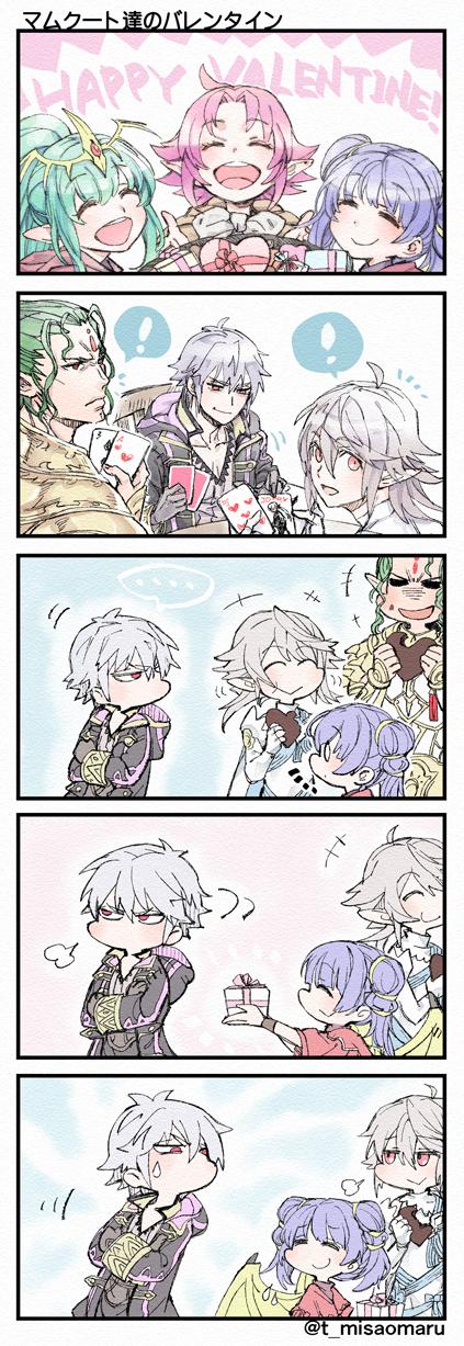 ! 3boys 3girls armor box card chiki chocolate chocolate_heart closed_eyes closed_mouth comic crossed_arms doma_(fire_emblem) dragon_wings fa fire_emblem fire_emblem:_fuuin_no_tsurugi fire_emblem:_kakusei fire_emblem:_mystery_of_the_emblem fire_emblem:_seima_no_kouseki fire_emblem_echoes:_mou_hitori_no_eiyuuou fire_emblem_heroes fire_emblem_if from_side gift gift_box gimurei green_hair happy_valentine heart highres hood hood_down long_hair long_sleeves male_my_unit_(fire_emblem:_kakusei) male_my_unit_(fire_emblem_if) mamkute multi-tied_hair multiple_boys multiple_girls my_unit_(fire_emblem:_kakusei) my_unit_(fire_emblem_if) myrrh nintendo open_mouth playing_card playing_games pointy_ears ponytail purple_hair red_eyes robe short_hair smile spoken_exclamation_mark t_misaomaru tiara twintails twitter_username white_hair wings