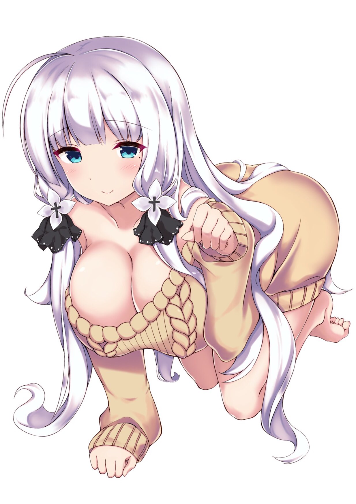 1girl ahoge all_fours aran_sweater azur_lane blue_eyes blush breasts cleavage closed_mouth eyebrows_visible_through_hair hair_ribbon highres illustrious_(azur_lane) large_breasts long_hair looking_at_viewer low_twintails mamizu mole mole_under_eye naked_sweater paw_pose ribbon sidelocks simple_background smile solo sweater tress_ribbon tri_tails twintails very_long_hair white_background white_hair