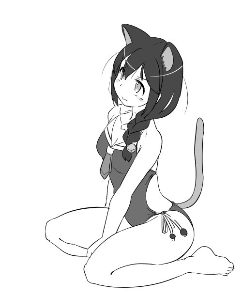 1girl adapted_costume animal_ears barefoot braid breasts casual_one-piece_swimsuit cat_ears cat_tail cleavage collarbone commentary_request full_body greyscale hair_flaps hair_over_shoulder kantai_collection monochrome one-piece_swimsuit remodel_(kantai_collection) shigure_(kantai_collection) side-tie_swimsuit simple_background single_braid sitting small_breasts solo swimsuit tail tamu_(mad_works) wariza