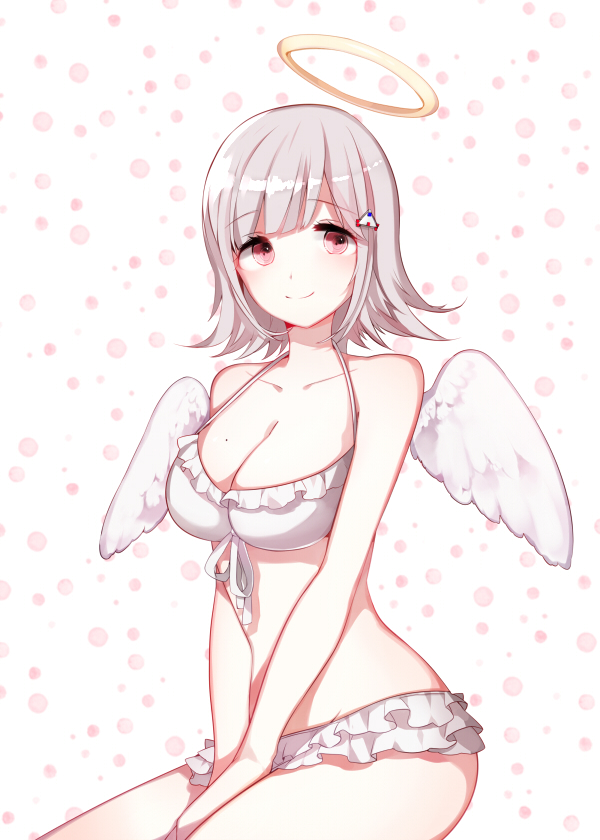 1girl angel angel_wings arms_between_legs bare_arms bare_shoulders bikini bikini_bottom bikini_top breasts collarbone commentary_request dangan_ronpa dasulchan eyebrows_visible_through_hair feathered_wings flipped_hair hair_ornament hairclip halo large_breasts light_brown_hair looking_at_viewer mole mole_on_breast nanami_chiaki pink_eyes short_hair simple_background sitting smile solo super_dangan_ronpa_2 swimsuit white_bikini white_wings wings