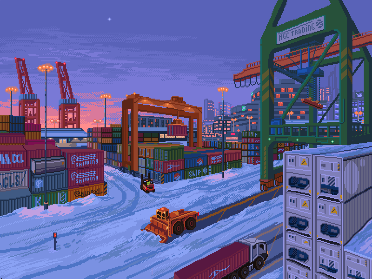 blue_sky building city container crane forklift ground_vehicle kldpxl lamppost motor_vehicle no_humans original outdoors pixel_art road sky skyscraper snow traffic_light truck vehicle