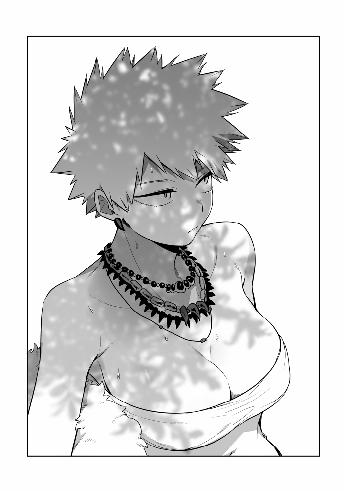 1girl bakugou_katsuki bandeau bare_shoulders blonde_hair boku_no_hero_academia border breasts cleavage genderswap genderswap_(mtf) greyscale half-closed_eyes jacket jacket_removed large_breasts looking_away maneki-neko_(fujifuji) monochrome navel short_hair solo spiky_hair sweat tooth_earrings tooth_necklace upper_body