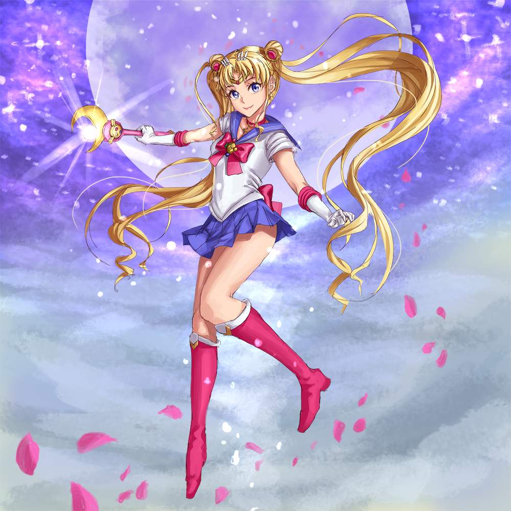 1girl athenawyrm back_bow bishoujo_senshi_sailor_moon blonde_hair blue_eyes blue_sailor_collar blue_skirt boots bow cherry_blossoms choker collarbone double_bun floating_hair full_body full_moon gloves hair_ornament holding_stick knee_boots long_hair looking_at_viewer magical_girl miniskirt moon pink_footwear pink_neckwear pleated_skirt sailor_collar sailor_moon sailor_senshi_uniform shirt short_sleeves skirt smile solo tiara twintails very_long_hair white_gloves white_shirt