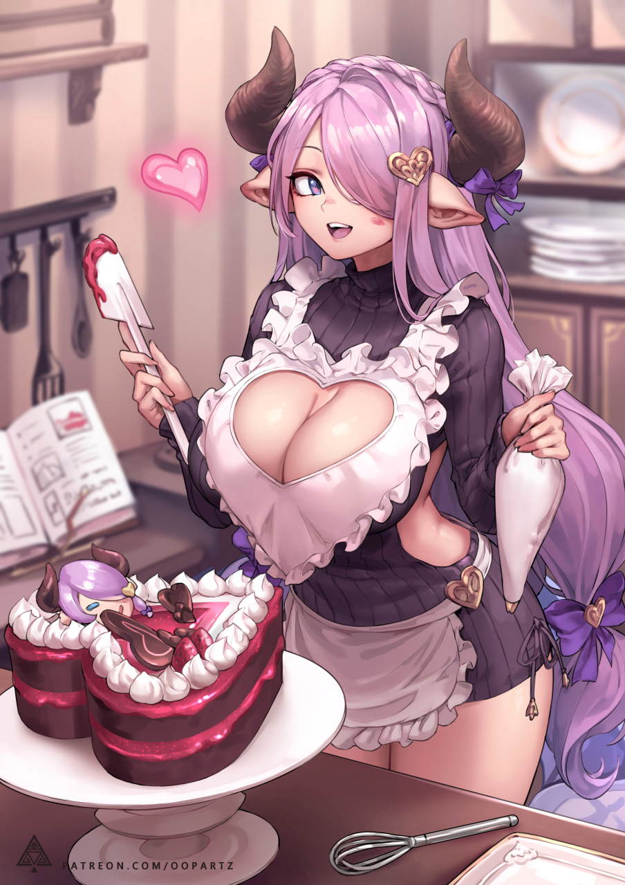 1girl apron artist_name baking black_ribbon black_sweater blue_eyes blurry blurry_background book braid breasts cake character_print cleavage commentary_request draph food frilled_apron frills granblue_fantasy hair_ornament hair_over_one_eye heart heart_cutout heart_hair_ornament highres holding_spatula indoors kitchen large_breasts lavender_hair legs_together long_hair narmaya_(granblue_fantasy) oopartz_yang open_mouth pastry_bag pointy_ears purple_ribbon ribbon solo standing sweater valentine very_long_hair watermark web_address white_apron