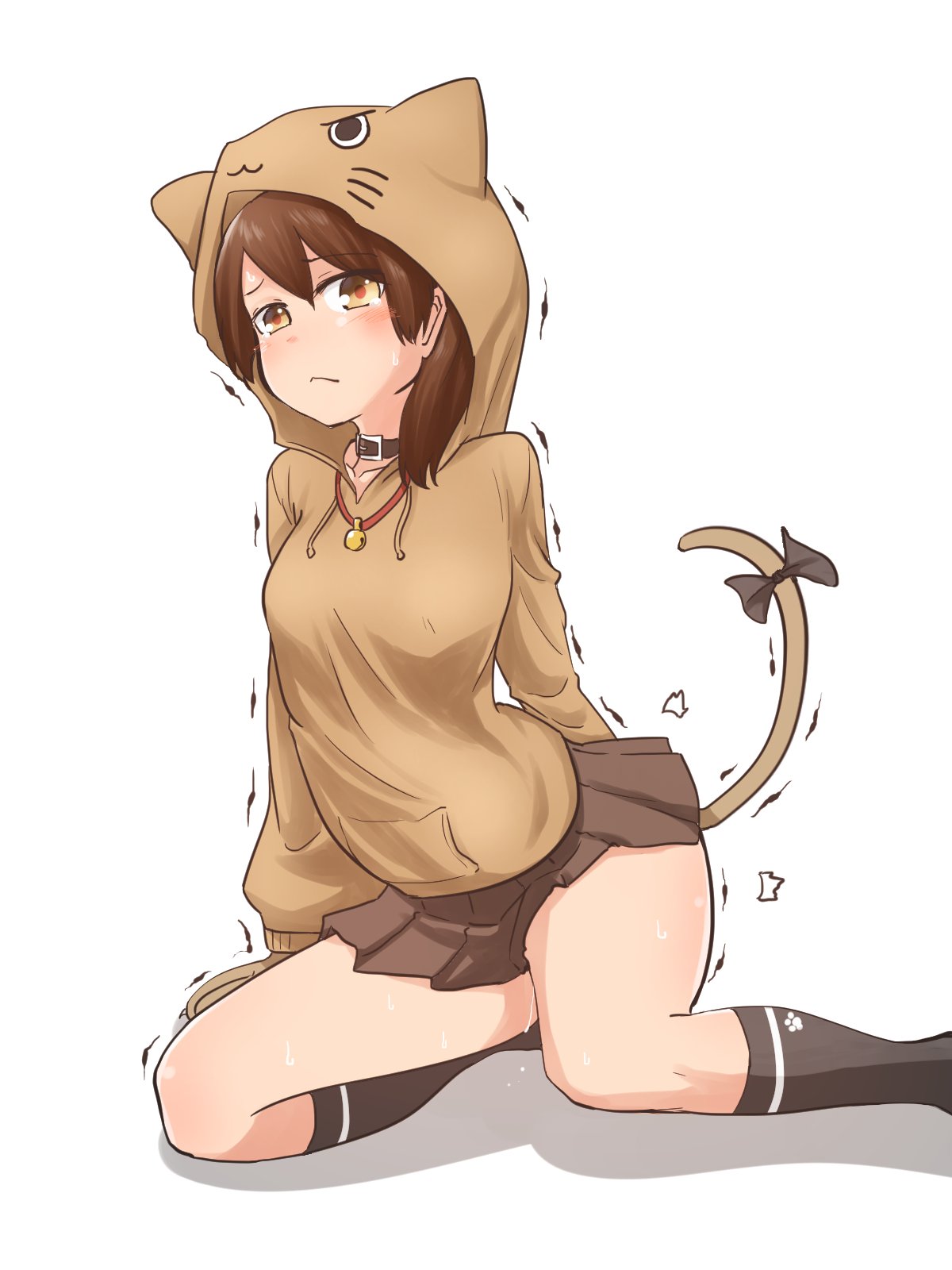 1girl anchor_symbol animal_ears animal_hood black_legwear breasts brown_eyes brown_hair brown_skirt brown_sweater cat_ears cat_hood cat_tail collar commentary_request full_body highres hood hooded_sweater hoodie kantai_collection kneehighs kneeling medium_breasts pleated_skirt school_uniform serafuku shikinami_(kantai_collection) simple_background skirt solo sweater tail tiger_(tiger-kimu) trembling white_background