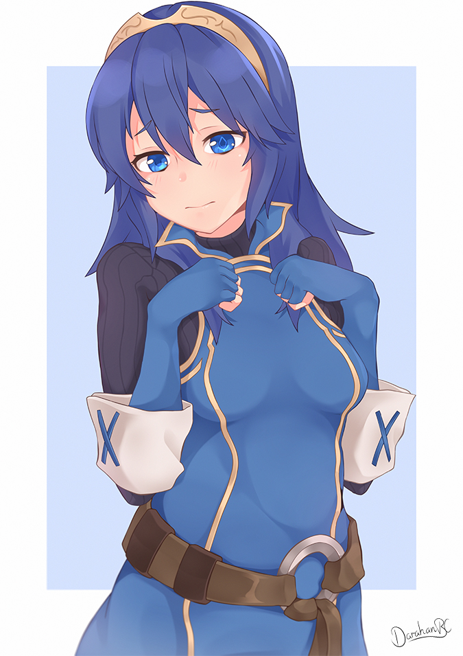 1girl artist_name belt blue_background blue_eyes blue_gloves blue_hair blush breasts cowboy_shot darahan elbow_gloves embarrassed eyebrows_visible_through_hair fingerless_gloves fire_emblem fire_emblem:_kakusei gloves hair_between_eyes hands_on_own_chest long_hair lucina nintendo ribbed_shirt shirt signature simple_background small_breasts solo symbol-shaped_pupils tiara two-tone_background white_background