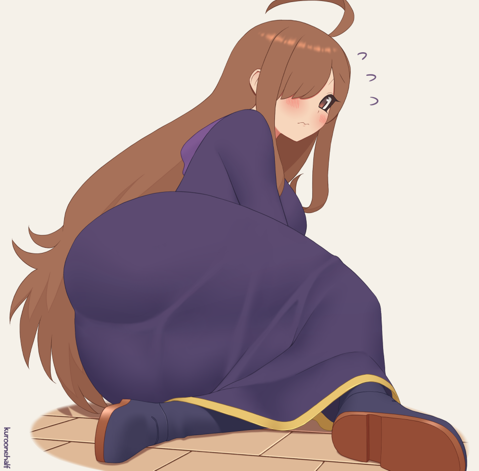 1girl ahoge artist_name ass black_footwear blush boots brown_eyes brown_hair full_body grey_background hair_over_one_eye kono_subarashii_sekai_ni_shukufuku_wo! kuroonehalf long_hair looking_at_viewer lying on_side robe simple_background solo straight_hair sweatdrop wavy_mouth wiz_(konosuba)