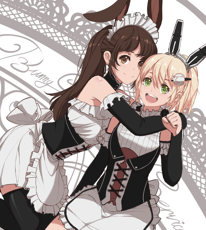 2girls alternate_costume animal_ears apron black_dress black_gloves blonde_hair blush breasts brown_eyes brown_hair bunny_girl cameron_maccloud commentary crossover dishwasher1910 dress english_commentary enmaided fingerless_gloves frills gen_lock gloves green_eyes long_hair maid maid_apron maid_headdress medium_breasts multiple_girls open_mouth ponytail puffy_short_sleeves puffy_sleeves rabbit_ears ribbon rwby short_sleeves skirt smile thigh-highs velvet_scarlatina victorian_maid wa_maid waist_apron white_legwear