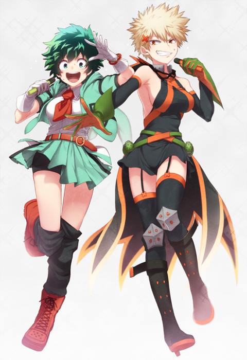 2girls :d adapted_costume bakugou_katsuki belt bike_shorts black_dress black_gloves black_legwear black_shorts blonde_hair boku_no_hero_academia boots breasts collared_shirt dress dress_shirt elbow_gloves full_body garter_straps genderswap genderswap_(mtf) gloves green_eyes green_gloves green_hair green_jacket grin hair_ornament high_heel_boots high_heels hood hooded_jacket idol jacket knee_pads looking_at_viewer loose_belt maneki-neko_(fujifuji) medium_breasts microphone midoriya_izuku miniskirt multiple_girls necktie open_clothes open_jacket open_mouth pleated_skirt red_belt red_eyes red_footwear red_neckwear shirt short_dress short_hair short_sleeves shorts sideboob skirt skirt_lift smile spiky_hair sweat thigh-highs white_gloves white_shirt x_hair_ornament zettai_ryouiki