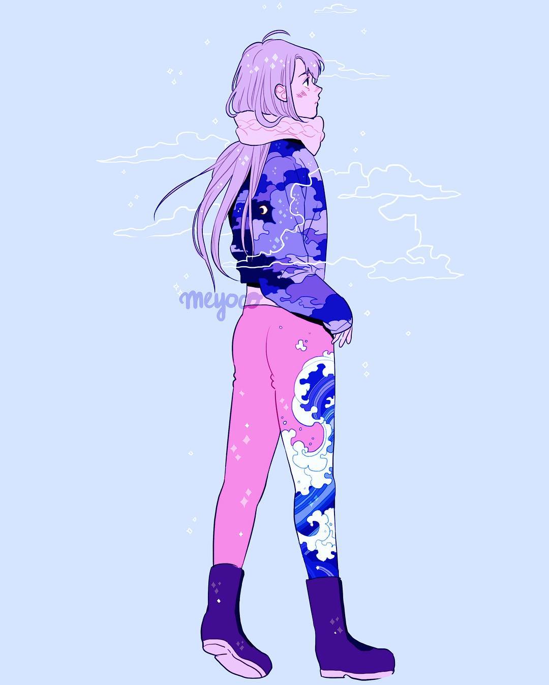 androgynous artist_name blue_background boots clouds crescent_moon expressionless facing_away from_side full_body highres long_hair long_sleeves meyoco midriff moon night night_sky original pants pink_pants print_pants profile purple_hair scarf simple_background sky sky_print solo standing wave_print waves