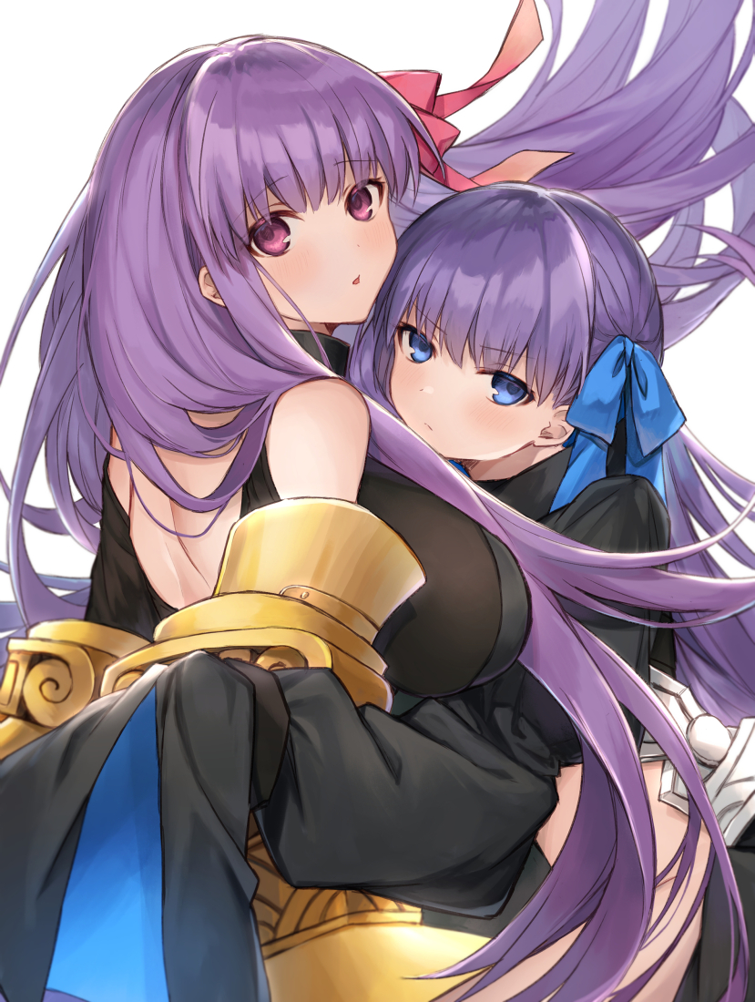 .com_(cu_105) 2girls back bangs bare_shoulders black_coat blue_eyes blue_ribbon blush breasts claws closed_mouth collar fate/extra fate/extra_ccc fate_(series) hair_ribbon hug large_breasts long_hair long_sleeves looking_at_viewer meltlilith multiple_girls passion_lip pink_ribbon purple_hair ribbon simple_background sleeves_past_fingers sleeves_past_wrists very_long_hair violet_eyes white_background