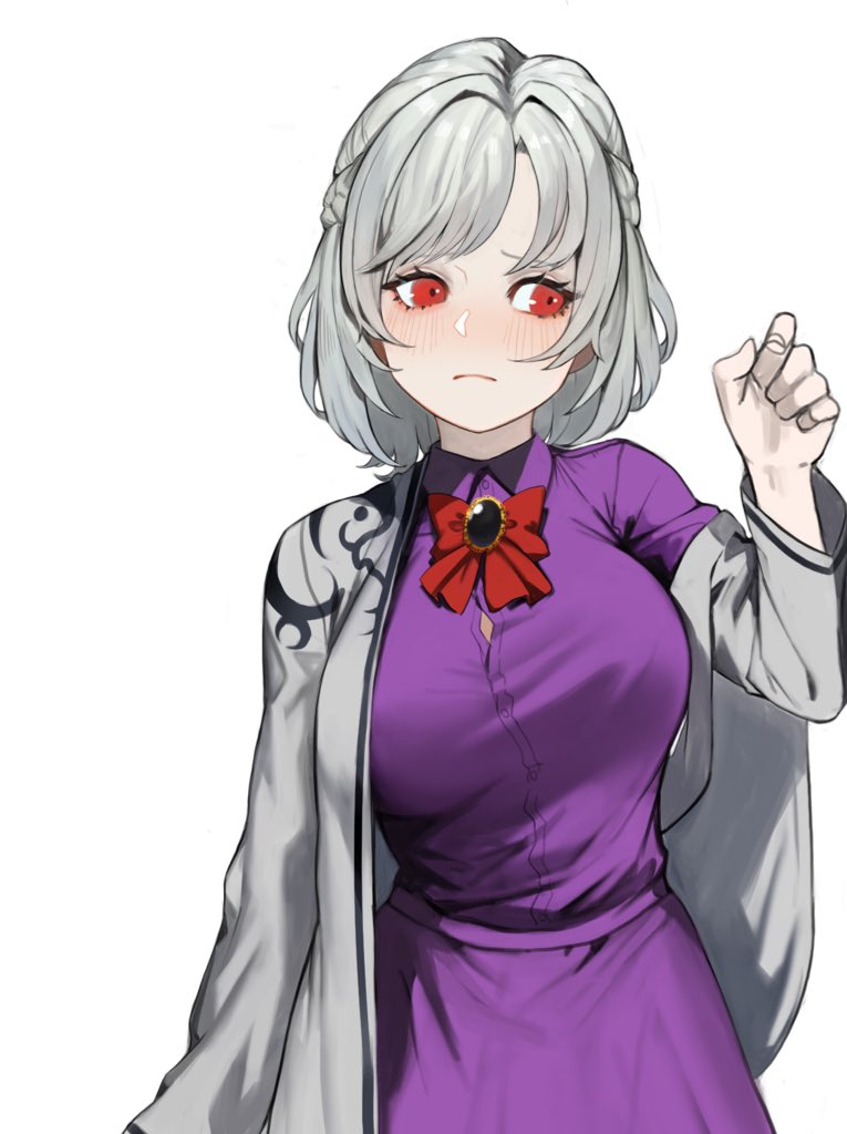 1girl bangs blush bow bowtie braid breasts brooch cowboy_shot dress eyebrows_visible_through_hair french_braid grey_jacket hand_up heoningu jacket jewelry kishin_sagume large_breasts long_sleeves looking_to_the_side off_shoulder open_clothes open_jacket purple_dress red_bow red_eyes red_neckwear short_hair silver_hair simple_background solo touhou white_background