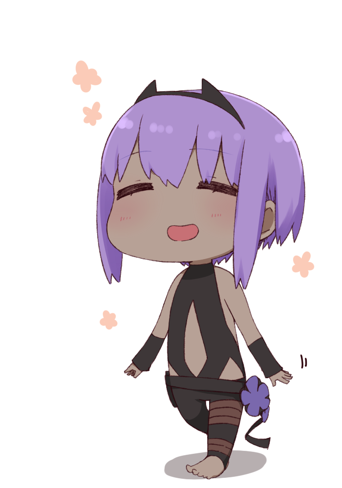 1girl :d bangs bare_shoulders black_bodysuit blush bodysuit chibi closed_eyes eyebrows_visible_through_hair facing_viewer fate/prototype fate/prototype:_fragments_of_blue_and_silver fate_(series) hair_between_eyes hassan_of_serenity_(fate) i.u.y open_mouth purple_hair shadow sidelocks smile solo stirrup_legwear toeless_legwear walking white_background