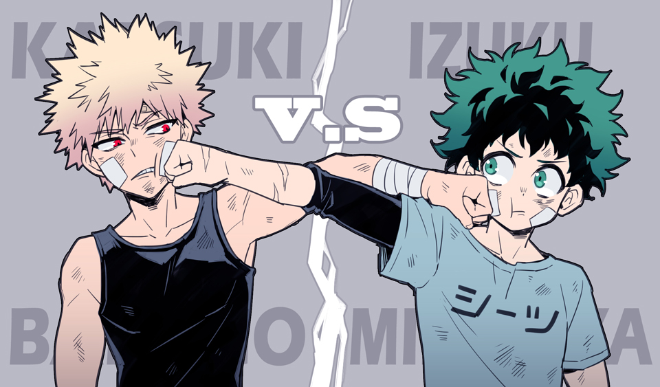 2boys :t bakugou_katsuki bandage bandage_on_face blonde_hair boku_no_hero_academia clenched_hand green_eyes green_hair male_focus midoriya_izuku multiple_boys nightcat punching red_eyes shirt t-shirt tank_top