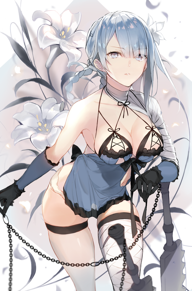 1girl arm_warmers bandage bandaged_arm bandaged_leg bandages bangs bare_shoulders black_gloves black_ribbon braid breasts chains cleavage commentary_request eyebrows_visible_through_hair eyelashes flower frills fukuda935 gloves grey_eyes hair_flower hair_ornament kaine_(nier) large_breasts leaning leaning_forward lingerie lips long_hair looking_at_viewer negligee nier nier_(series) panties petals pink_lips revealing_clothes ribbon silver_hair single_braid solo sword thigh-highs thigh_gap thighs underwear weapon white_legwear white_panties zettai_ryouiki