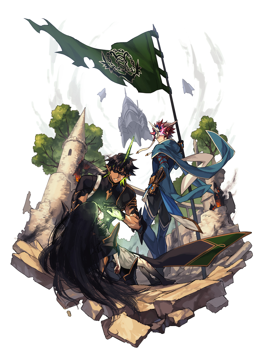 1girl 2boys aircraft airship black_gloves black_hair blue_cape bridge cape castle clenched_hand dark_skin dark_skinned_male facing_viewer fainted flag gauntlets glasses gloves highres holding holding_flag horn horns long_hair looking_at_another magic mask multiple_boys pink_hair pixiv_fantasia_last_saga sunglasses tower tree very_long_hair white_background zinnkousai3850