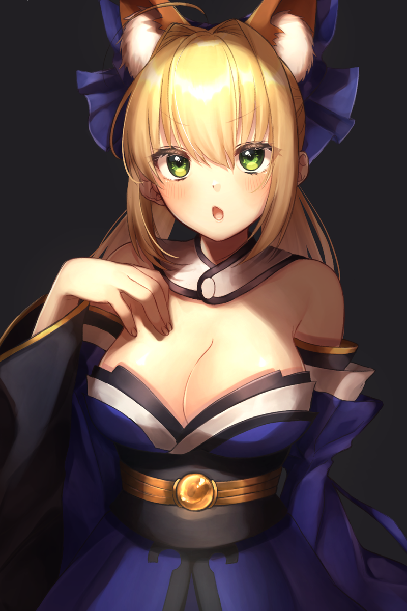 1girl :o animal_ears blonde_hair blue_bow blush bow breasts cleavage cosplay detached_collar detached_sleeves extra_ears eyebrows_visible_through_hair fate/extra fate_(series) fox_ears green_eyes hair_bow highres large_breasts long_hair looking_at_viewer nero_claudius_(fate) nero_claudius_(fate)_(all) open_mouth solo tamamo_(fate)_(all) tamamo_no_mae_(fate) tamamo_no_mae_(fate)_(cosplay) yayoimaka03