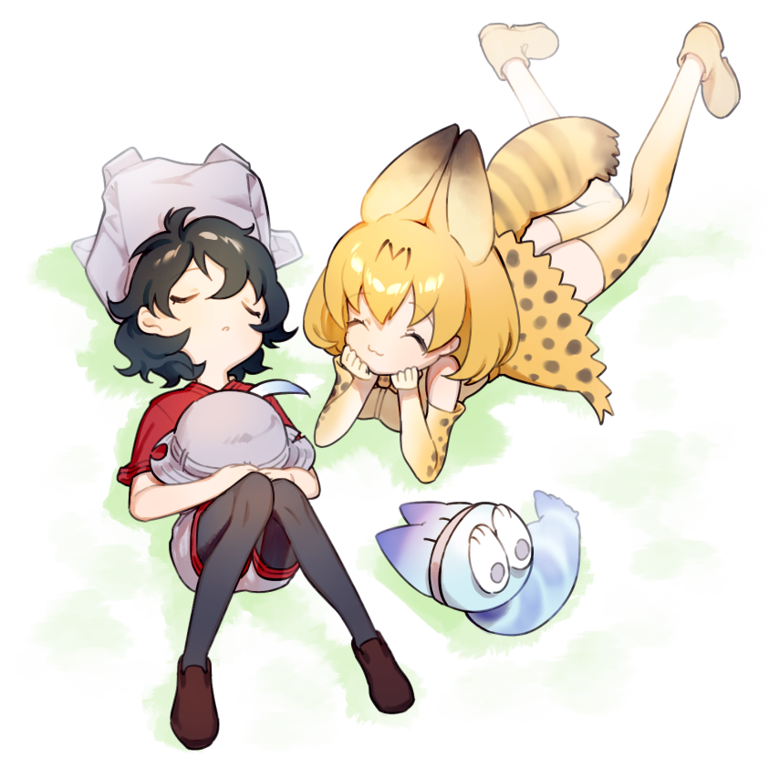 2girls :3 animal_ears backpack backpack_removed bag bare_shoulders black_hair blonde_hair boots bow bowtie closed_eyes commentary elbow_gloves extra_ears gloves hat hat_feather hat_removed headwear_removed helmet high-waist_skirt kaban_(kemono_friends) kemono_friends legwear_under_shorts loafers lucky_beast_(kemono_friends) lying multicolored_hair multiple_girls on_back on_stomach pantyhose pith_helmet print_gloves print_legwear print_neckwear serval_(kemono_friends) serval_ears serval_print serval_tail shoes short_hair short_sleeves shorts skirt sleeping sleeveless tail thigh-highs uhhgaoh zettai_ryouiki