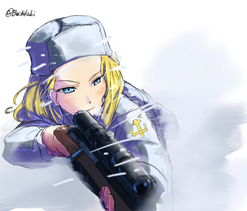 1girl aiming blizzard blonde_hair blue_eyes buchikaki clara_(girls_und_panzer) closed_mouth commentary emblem fur_hat girls_und_panzer grey_hat gun hat holding holding_gun holding_weapon light_smile long_hair long_sleeves pravda_(emblem) rifle scope snow solo twitter_username ushanka weapon white_coat wind