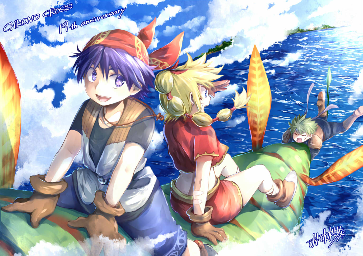 1girl blonde_hair blue_eyes blue_hair chrono_cross clouds commentary_request glenn gloves high_ponytail kid_(chrono_cross) long_hair midriff multi-tied_hair multiple_boys ocean oosuzu_aoi ponytail serge skirt sky smile vest