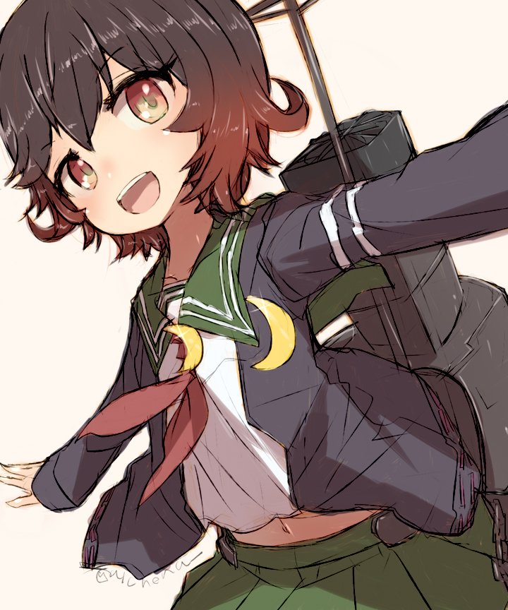 1girl alchera black_jacket brown_hair commentary_request crescent crescent_moon_pin gradient_hair green_sailor_collar green_skirt jacket kantai_collection looking_at_viewer machinery multicolored_hair mutsuki_(kantai_collection) navel neckerchief open_mouth outstretched_arms pleated_skirt red_neckwear redhead remodel_(kantai_collection) sailor_collar school_uniform serafuku short_hair skirt smile smokestack solo upper_teeth