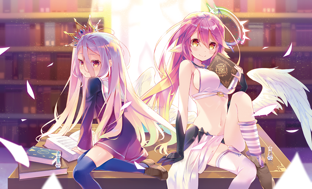 2girls angel_wings black_gloves blue_hair blue_legwear blush book bookshelf breasts bridal_gauntlets chess_piece closed_mouth crop_top crown feathered_wings fuchima gloves gradient_eyes gradient_hair hair_between_eyes halo jibril_(no_game_no_life) king_(chess) large_breasts long_hair looking_at_viewer low_wings magic_circle messy_hair midriff mismatched_legwear multicolored multicolored_eyes multicolored_hair multiple_girls navel no_game_no_life orange_eyes parted_lips pink_hair queen_(chess) red_eyes school_uniform serafuku shiro_(no_game_no_life) sideboob sitting sitting_on_table smile thigh-highs very_long_hair white_wings wing_ears wings yellow_eyes