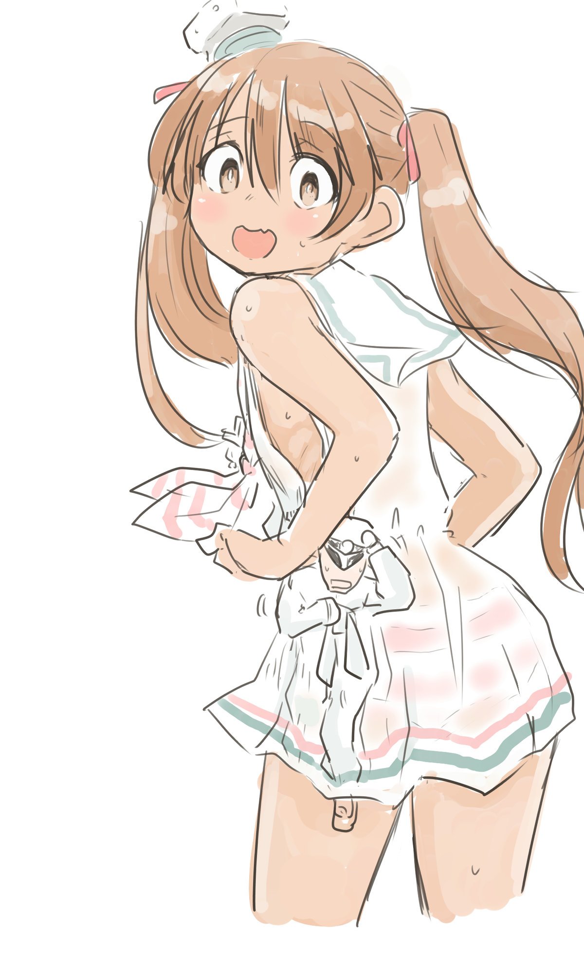 1boy 1girl adjusting_clothes adjusting_hat admiral_(kantai_collection) bangs bare_shoulders blush brown_eyes brown_hair commentary cropped_legs dress eyebrows_visible_through_hair fang giantess hair_between_eyes hair_ribbon hat highres kantai_collection libeccio_(kantai_collection) long_hair long_sleeves looking_down military military_hat military_uniform mini_hat naval_uniform peaked_cap poyo_(hellmayuge) red_ribbon ribbon sailor_collar sailor_dress see-through_silhouette simple_background size_difference sleeveless sleeveless_dress striped sweat twintails uniform white_background white_sailor_collar