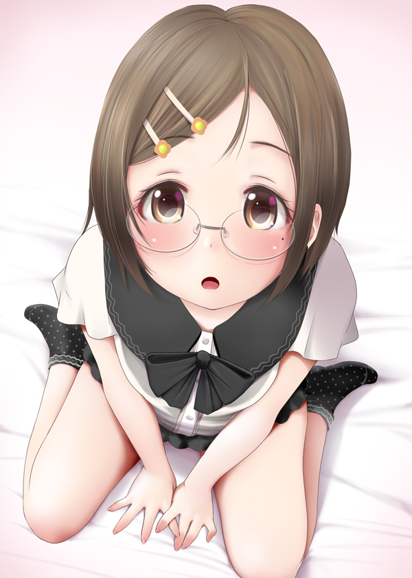 1girl :o bangs bare_legs bed_sheet between_legs black_legwear black_neckwear black_skirt blush bow bowtie brown_eyes brown_hair buttons collared_shirt commentary_request dress_shirt foreshortening from_above glasses hair_ornament hairclip ichigo_mashimaro kozue_akari looking_at_viewer miniskirt mole mole_under_eye no_shoes open_mouth parted_bangs polka_dot rimless_eyewear round_eyewear sakuragi_matsuri shirt short_hair short_sleeves sidelocks sitting skirt socks solo thighs wariza white_shirt