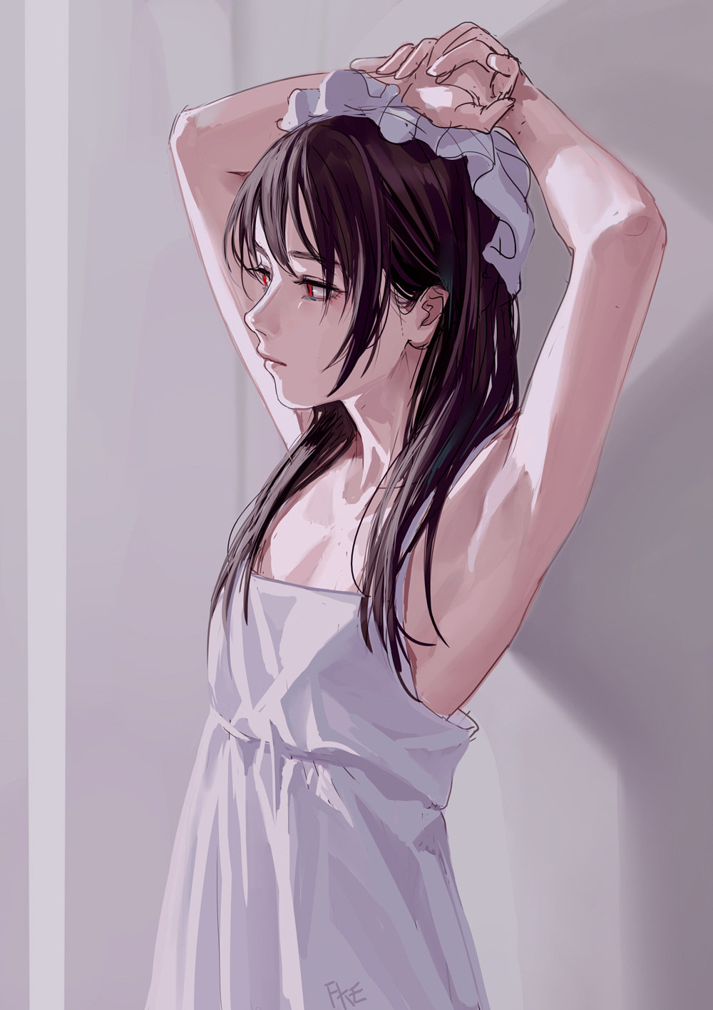 1girl armpits arms_up artist_name bangs bare_arms bare_shoulders black_hair dress fkey from_side hat highres indoors long_hair mob_cap original red_eyes sidelocks signature solo spaghetti_strap upper_body white_dress white_hat